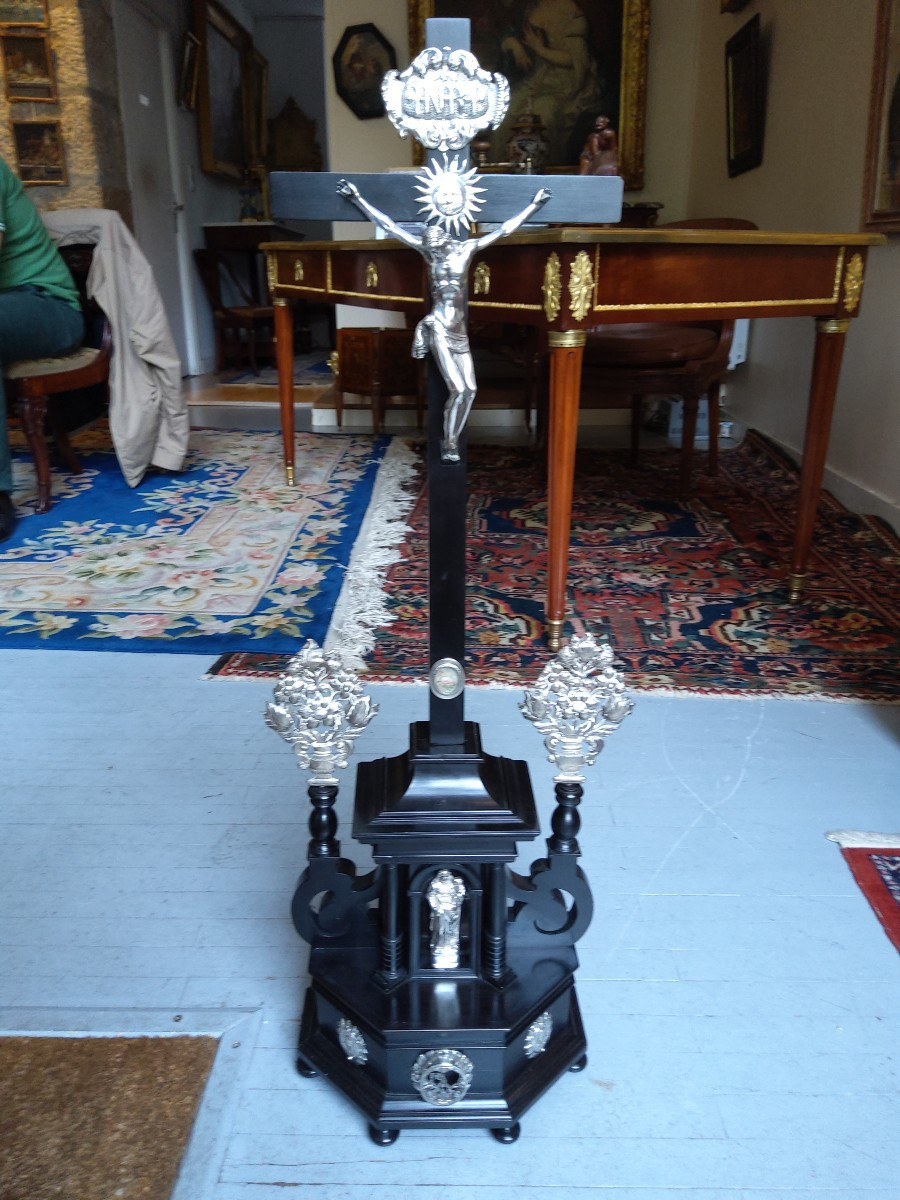 Crucifix In Ebony And Silver, Probably From Mechelen Around 1700